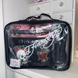 NWT Ed Hardy Black and Pink Tattoo Design Cosmetic Bag Set